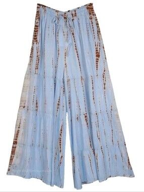 Y2k Blue Brown Tie Dye Split Skirt Wide Leg Cropped Pants Flowy Hippie Boho S